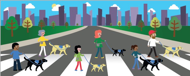 illustration of people and dogs crossing the road